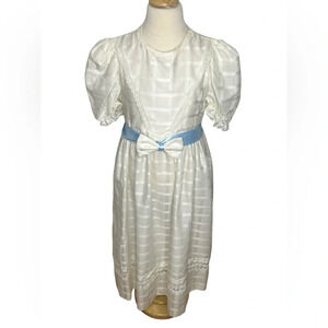 Vintage Cary of San Francisco girls white check dress blue belt eyelet lace sz 8